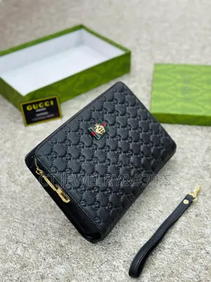 Original Designer Style Gucci Clutch Bag Black Leather, Zip With Strap