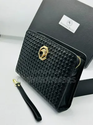 Luxury Men's Clutch Bag Black Quilted Leather, Gold Emblem, Wristlet