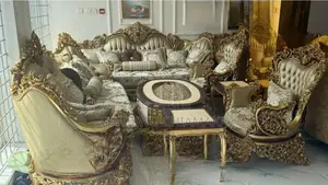 Luxury Royal Gold Upholstered Sofa Set With Classic Carved Design