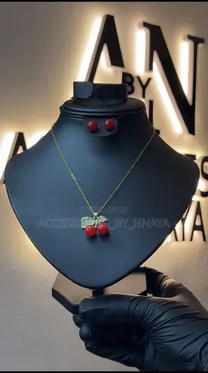 Gold Cherry Pendant Necklace Earrings Set