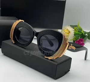 Luxury Statement Sunglasses Black Frame, Gold Crystal Detail, Cat-Eye