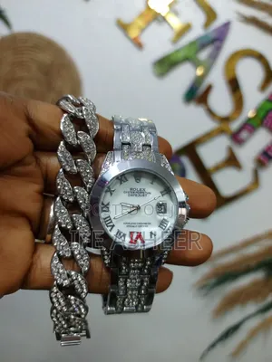 Rolex Wristwatch With Iced Bracelets - Silver