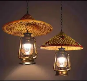 Vintage Lantern Pendant Light Bamboo Hat Farmhouse Antique Rattan Lamp