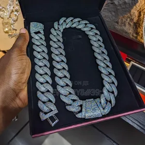 Iced Out Cuban Link Chain Bracelet Set Silver Tone, Hip-Hop Jewelry