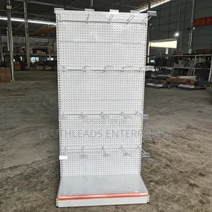 Gondola Shelving With Hanging Hooks, Price Tags, and Beams