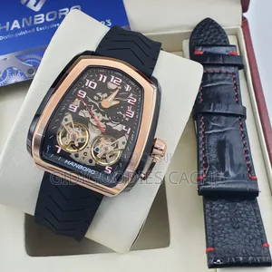 Hanboro Tonneau Skeleton Automatic Watch With Dual Straps