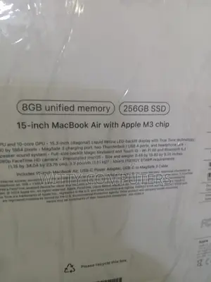 New Laptop Apple MacBook Air 2024 M3 15-inch 8GB Apple M3 SSD 256GB