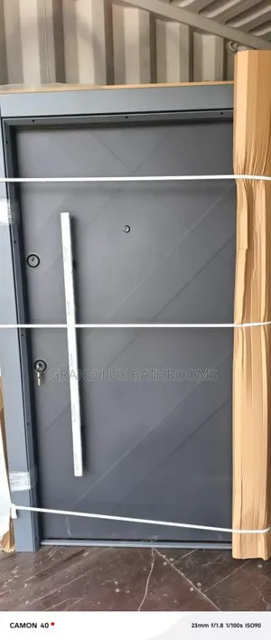 Modern Gray Steel Security Entry Door With Long Pull Handle