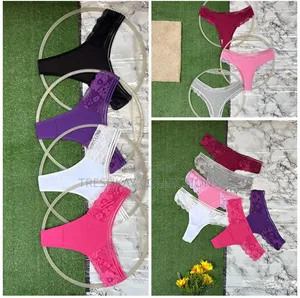Cotton and Lace Mix Thong Panties 