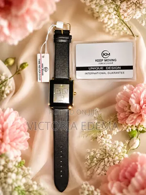 Keep Moving Km Brand New Analog Watch – Black Leather Strap, Gold Case