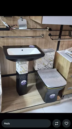 Modern Black Toilet Pedestal Wash Basin Set With Marble Finish Accent