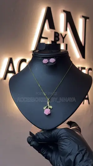 Pink Rose Pendant Necklace Earring Set - Gold-Tone