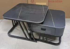 Modern 2-Tier Stone Top Center Table With Drawer Metal Frame