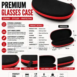 Premium Hard Shell Glasses Case – Black Red Zipper