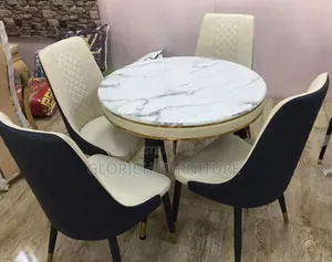 Luxury 5-Piece Round Marble Dining Set – Gold Trim Two-Tone Chairs