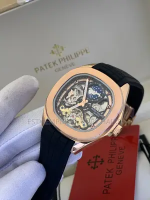 Patek Philippe Yellow Gold Automatic Engine Black Strap Wrist Watch