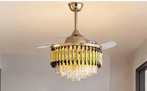 Modern Retractable Crystal Ceiling Fan With a Gold Finish