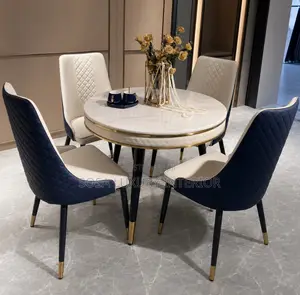 Modern Round Marble Dining Set With Blue White Chairs (4 Seater)