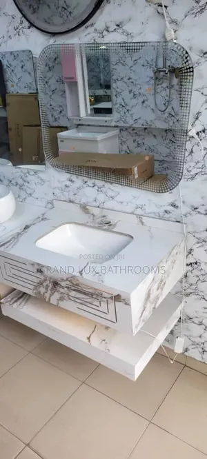 Modern Marble-pattern Bathroom Vanity With Integrated Sink And Mirror