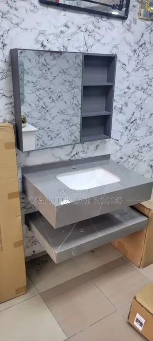 Modern Grey Bathroom Vanity Set With Integrated Sink and Mirror