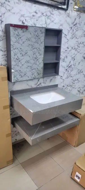 Modern Grey Bathroom Vanity Set With Integrated Sink and Mirror