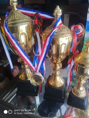 Premium Gold Trophy Cups With Ribbons Medals (Set of 3)