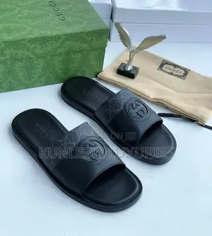 Original Gucci Black Blue Cover Leather Slippers