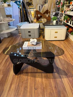 Noguchi-Style Glass Top Center Table – Smoked Glass Black Wood Base