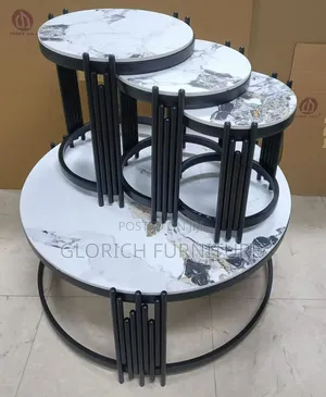 Luxury 4-Piece Marble Black Nesting Table Set – Art Deco Ribbed