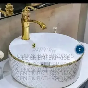 White and Gold Cantertop Basin With Tap Hole