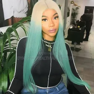 30inches White and Green Long Straight Wig With Full Frontal
