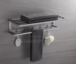 Bathroom Towel Rack Shelf - Wall Mount Shelf With Hooks Hanger`