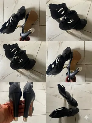 Women's Black Fine Leather High Heel Sandals | Size 39 (Us Import)