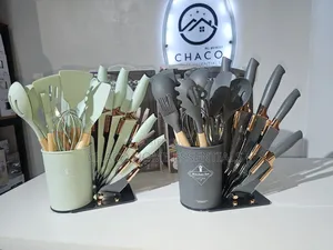 19-Piece Silicone Spoon Set With Matching Knives and Chopping Board