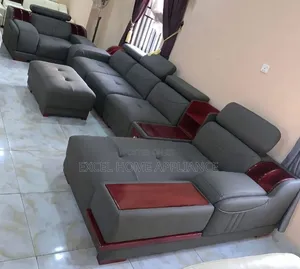Modern Luxury Grey Leather Sofa Set With Wooden Accents