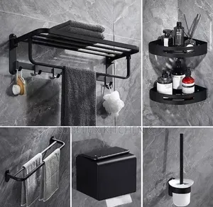 Luxury Matte Black Bathroom Set - Towel Rack, Corner Shelf, Tissue Box