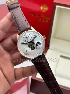 Patek Philippe Style Open Heart Watch Rose Gold Brown Leather Strap