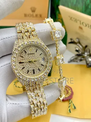 Rolex Ladies Iced-Watch and Stone Bracelet Set