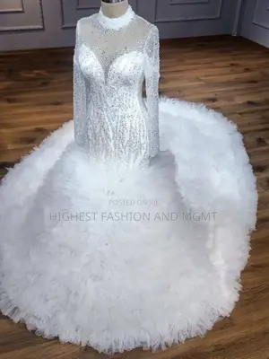 Illusion Neckline Mermaid Wedding Dress Feathere Train - Style 943