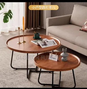 Round Nesting Coffee Table Set – Walnut Wood Top Black Metal Base