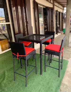 Modern Black Rattan Bar Stools With Red Cushions (Set of 4)