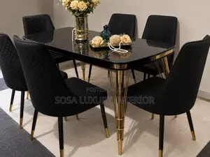 Modern Black Marble 6-Seater Dining Set With Gold Accents