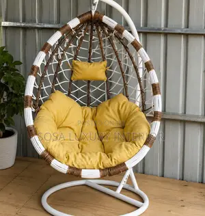 Premium Luxury White Brown Hanging Egg Chair With Yellow Cushion
