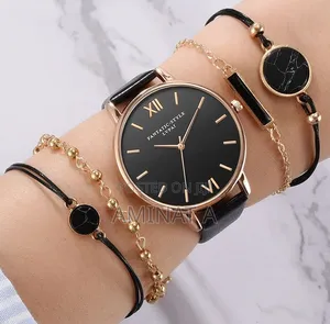 Fashion Women Leather Quartz Wristwatch With Bracelets