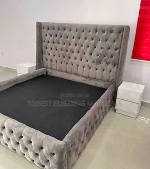 Luxury Grey Velvet Button-Tufted Bed Frame With Wingback Headboard