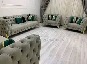 Luxury 7-Seater Light Grey Tufted Sofa Set With Gold Legs