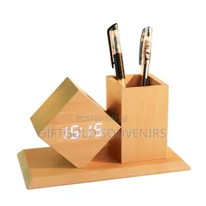 Office Wooden Deskpen Holder With Digital Led Clock