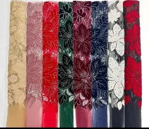 Burgundy Velvet Lace Fabric With Stone - Asoebi/Reception