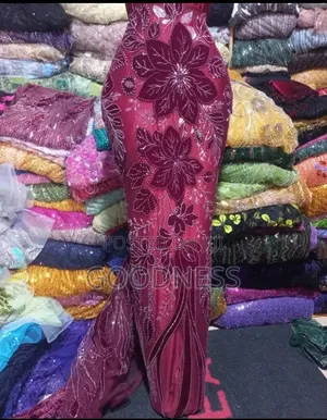 Burgundy Velvet Lace Fabric With Stone - Asoebi/Reception