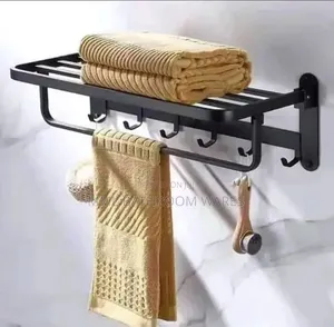 60cm Multiple Matte Black Towel Rack With Shelve and Hooks